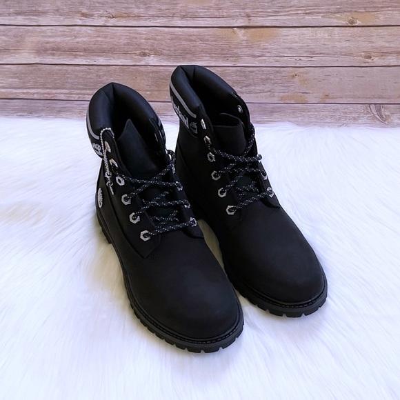 Timberland Women’s 6 Inch Logo Collar Waterproof Black Boots - Picture 3 of 8